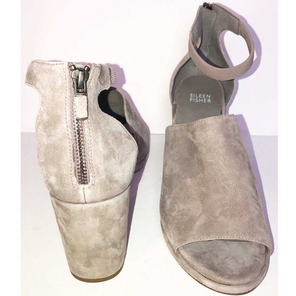 Eileen Fisher Taupe Suede Open-Toe Block Heel Sandals